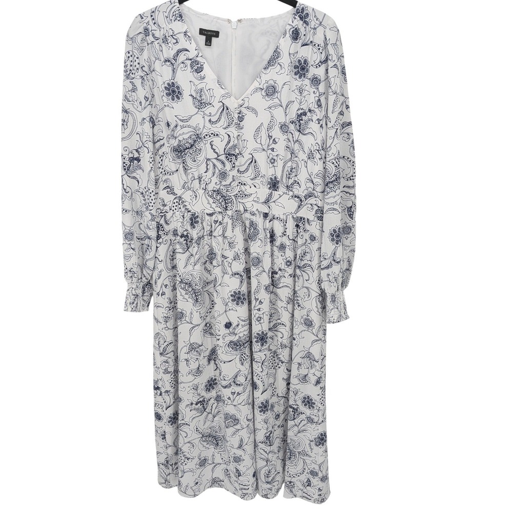 Talbots Dress Floral Paisley Womens 4 White Navy Blue V-Neck‎ Midi Long Sleeve